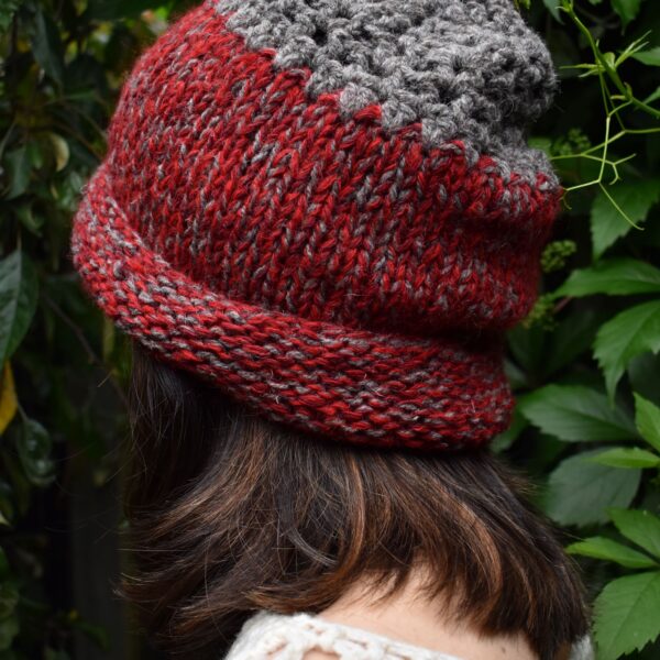 grey and red wool hat handknitted and crocheted