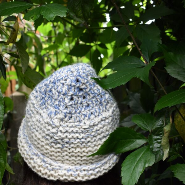 white wool hat with blue details