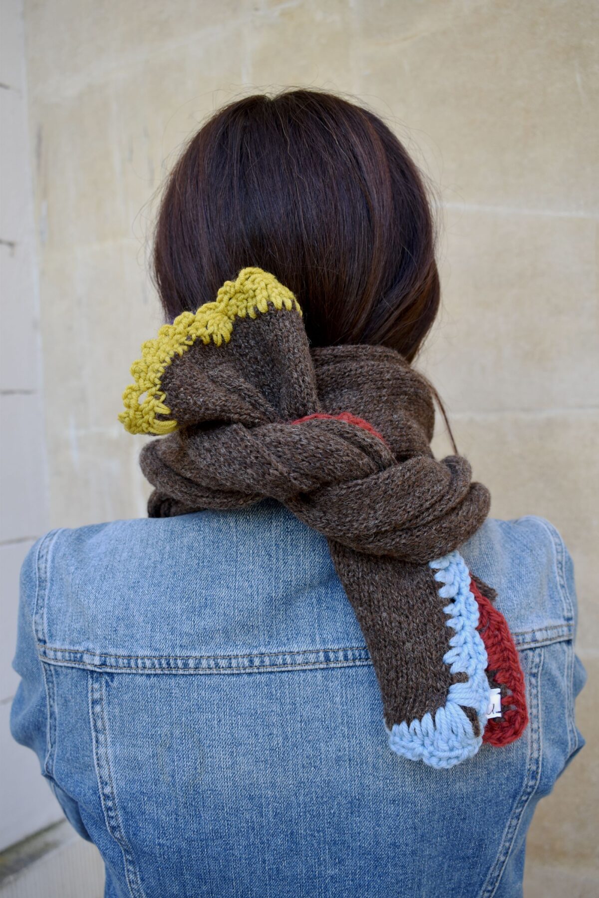brown wool scarf with colourful crochet details